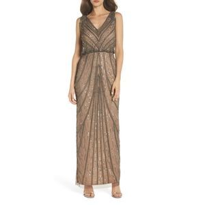 Adrianna Papell Gray Nude Beaded Art Deco Blouson Column Gown 6